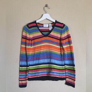 Colorful Cotton Striped Sweater Liz Claiborne V Neck Bright Fun Eclectic